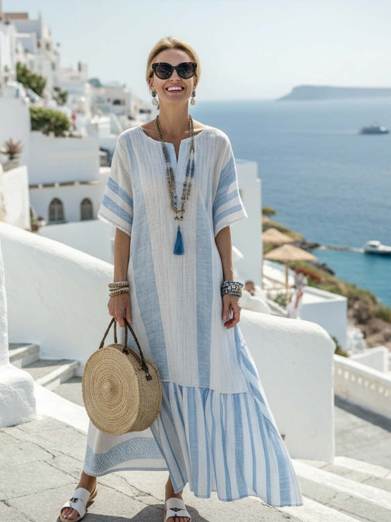 Ione | Robe longue rayée à col rond et manches courtes
