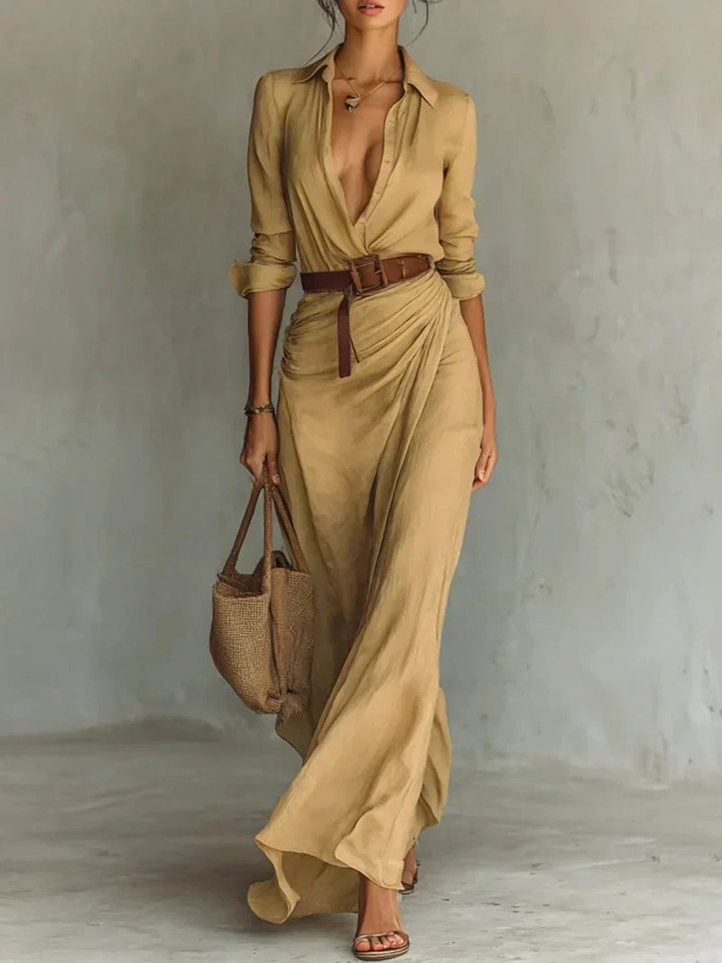Robe chemise longue froncée pour femmes, ceinturée, manches longues, boutonnée sur le devant