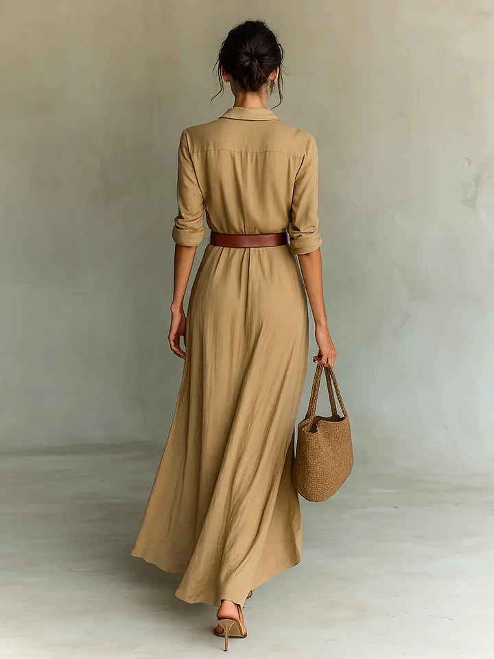 Robe chemise longue froncée pour femmes, ceinturée, manches longues, boutonnée sur le devant